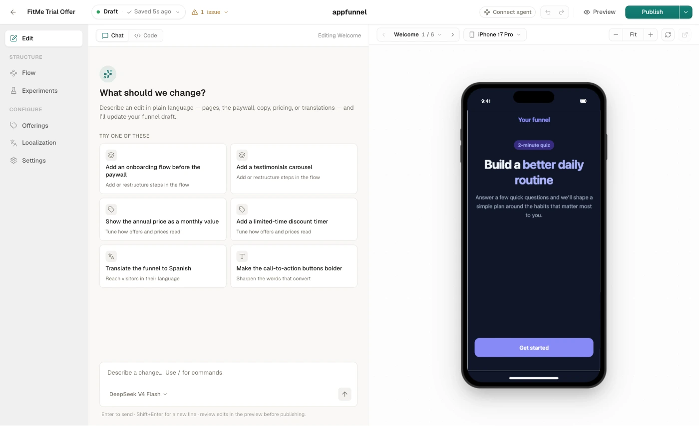 The builder just after creating a funnel from scratch: the tools rail on the left, the assistant chat in the centre, and the phone preview on the right showing step 1 of 6 of the default welcome to finish funnel
