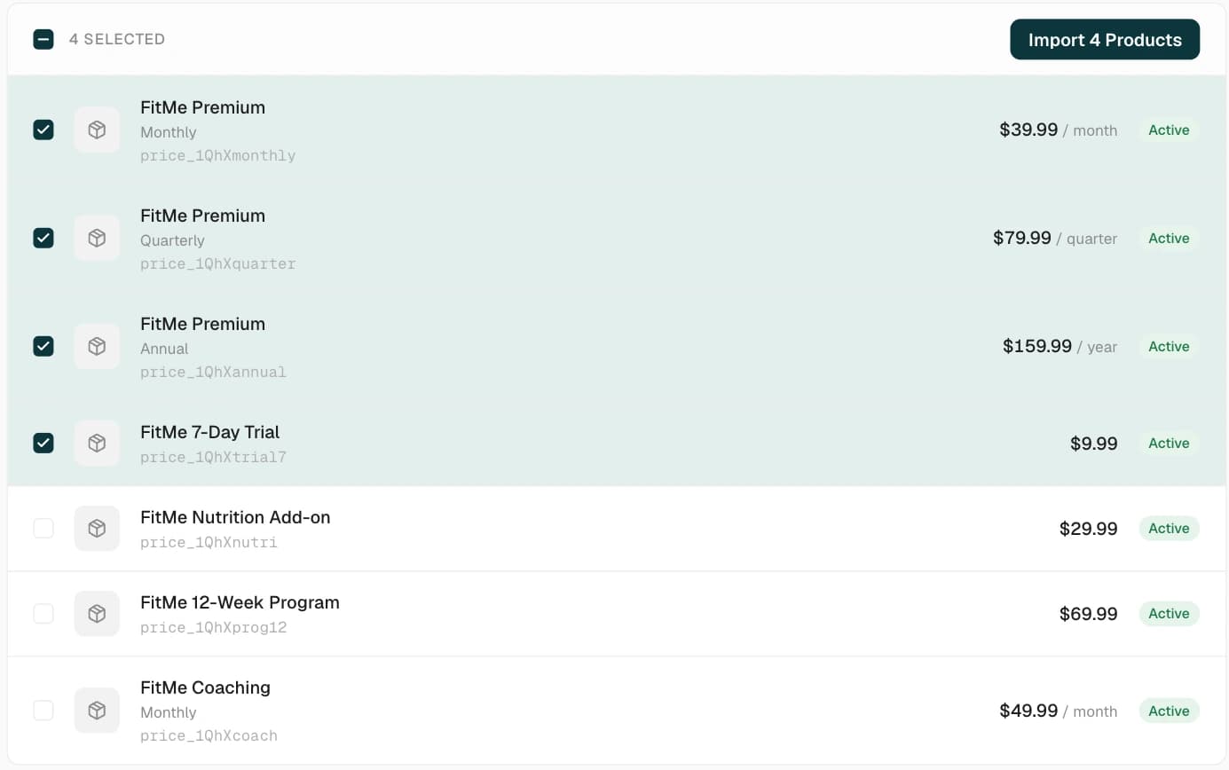 The import-prices checklist with four of seven Stripe prices ticked, a "4 selected" header and an "Import 4 Products" button