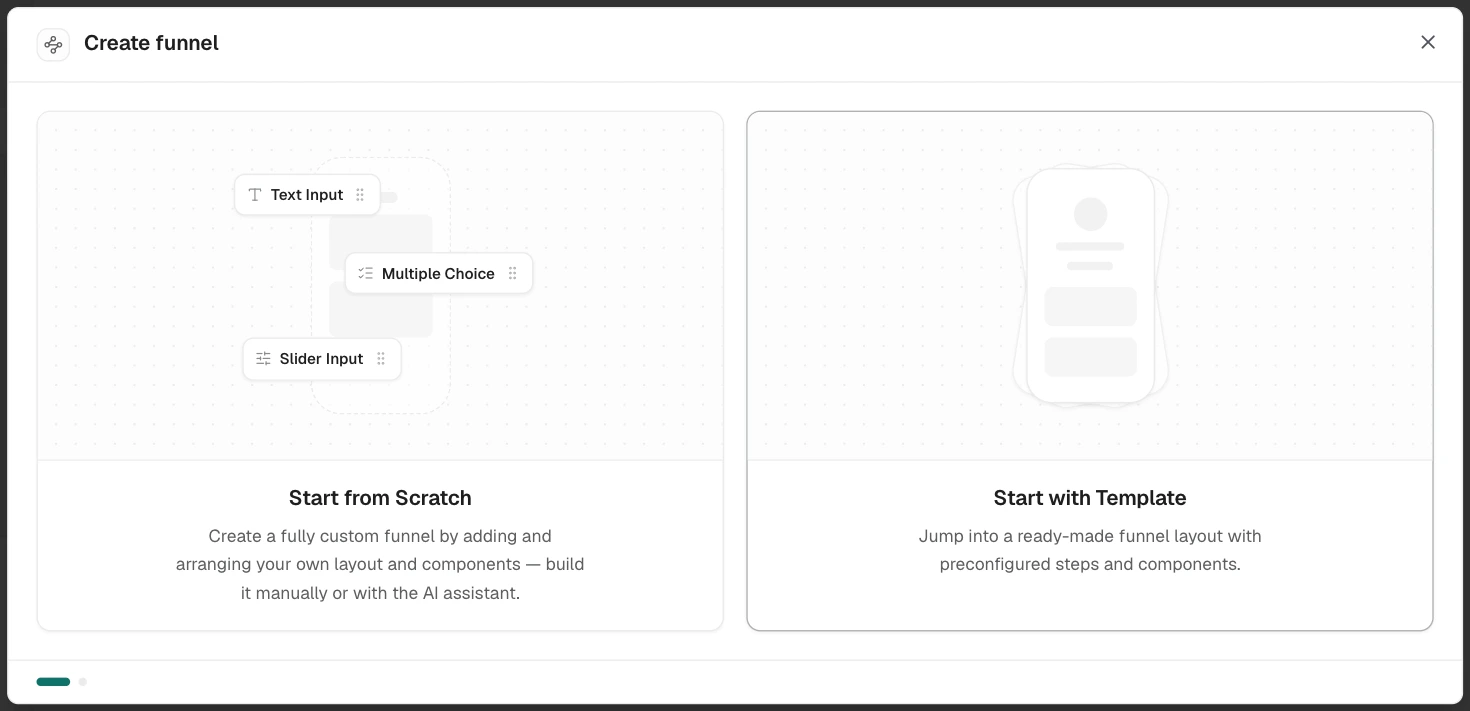 The Create funnel dialog's first step, offering two illustrated choices: Start from Scratch and Start with Template
