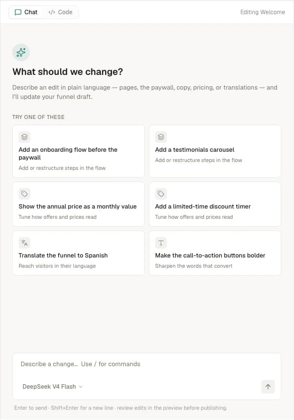 The assistant Chat view: the greeting "What should we change?", six suggestion cards grouped under "Try one of these", and the message composer pinned to the bottom