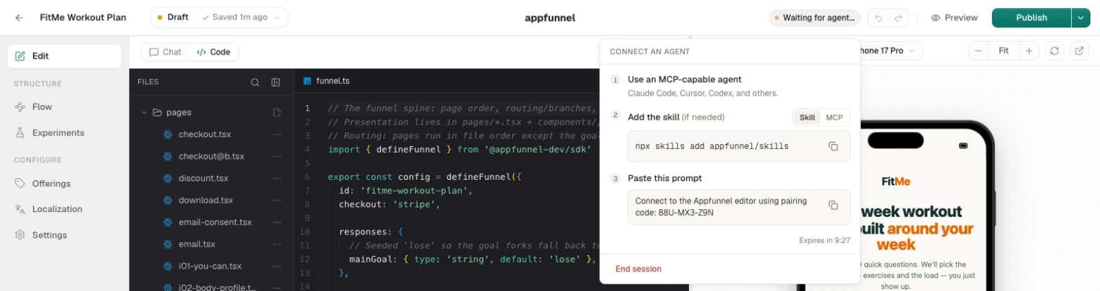 The editor top bar with the agent pairing popover open below the agent pill, showing the three pairing steps