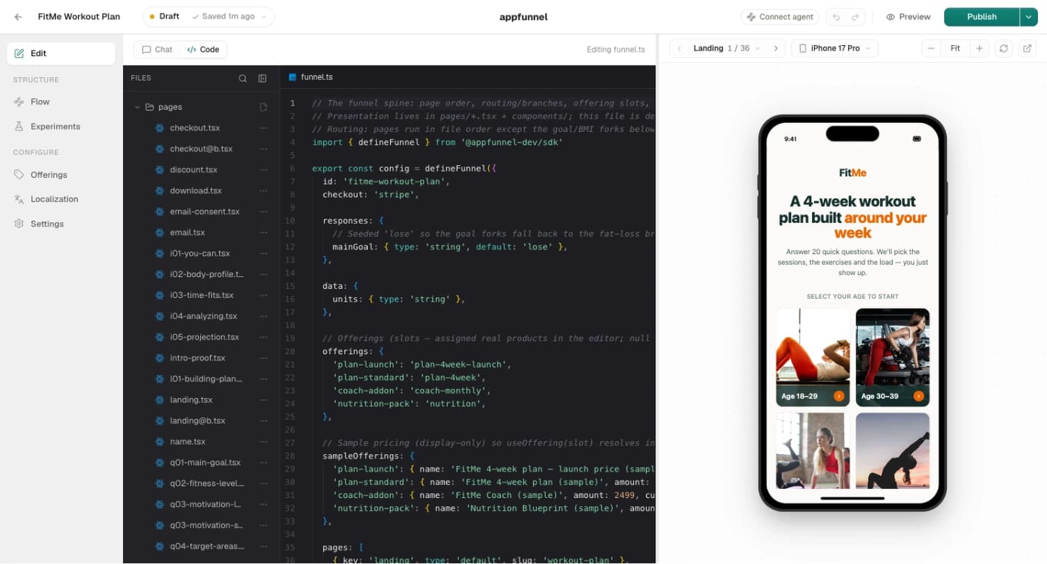 The full editor: the tools rail on the far left, the file tree and code editor in the middle with funnel.ts open, and the phone-framed live preview on the right