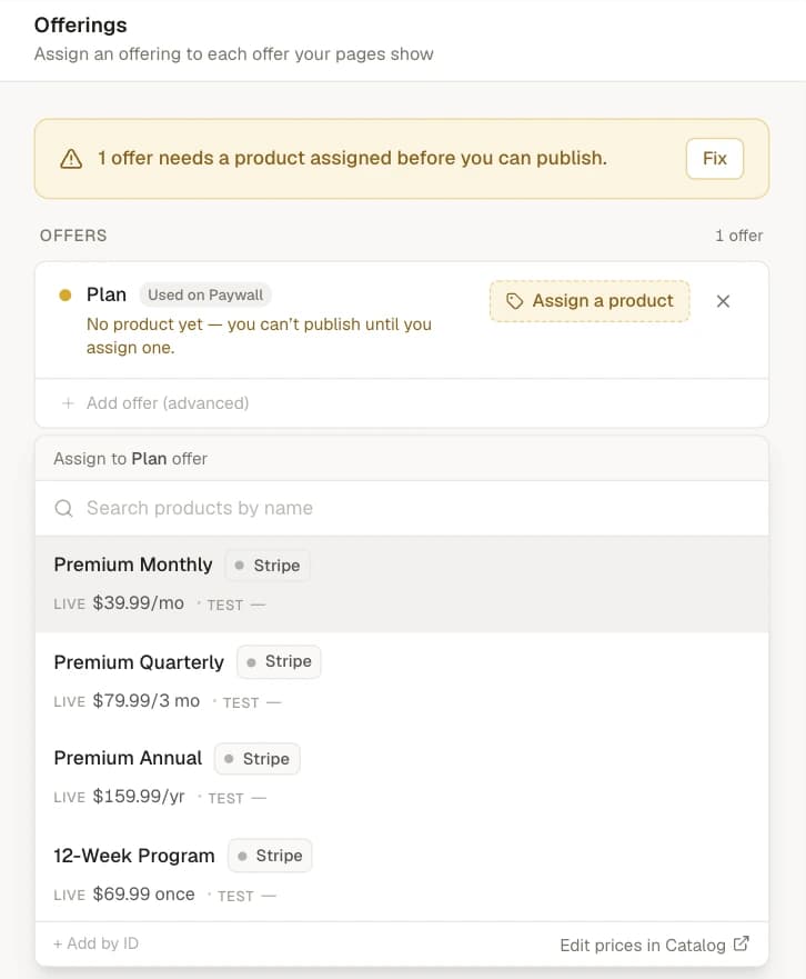 The editor Offerings view with the Plan offer unassigned and the product picker open below it, listing catalog products with their live and test prices