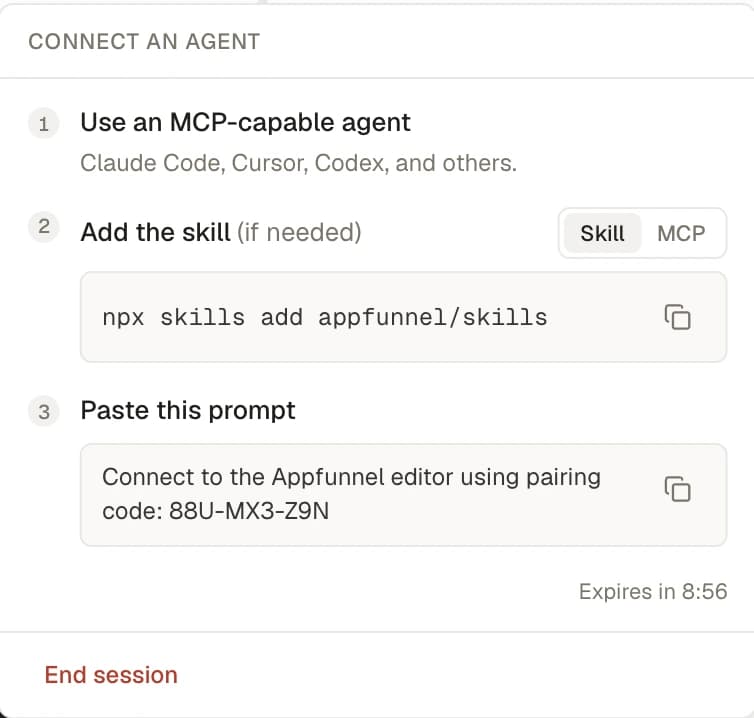 The pairing popover: a Skill / MCP toggle with the install snippet, the prompt to paste containing a three-part pairing code, and an "Expires in 8:56" countdown