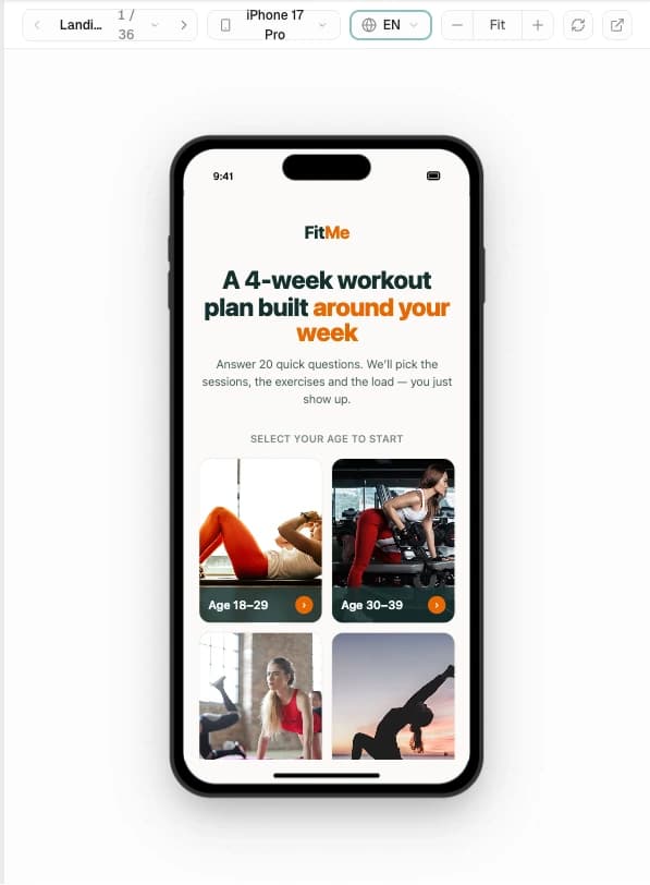 The preview panel: the page pager, device chip, language pill and zoom controls across the top, and a phone frame rendering the funnel's landing page below