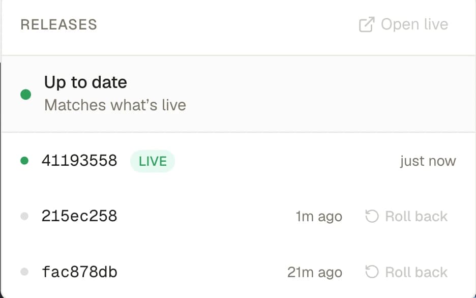 The releases popover: the draft row at the top reporting whether the draft matches what's live, above the list of releases with the current one badged LIVE