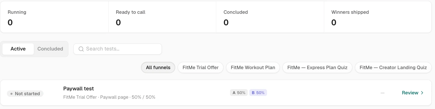 The Experiments dashboard: Running, Ready to call, Concluded and Winners shipped counters above a list showing the Paywall test with a "Not started" status pill and a 50/50 arm split