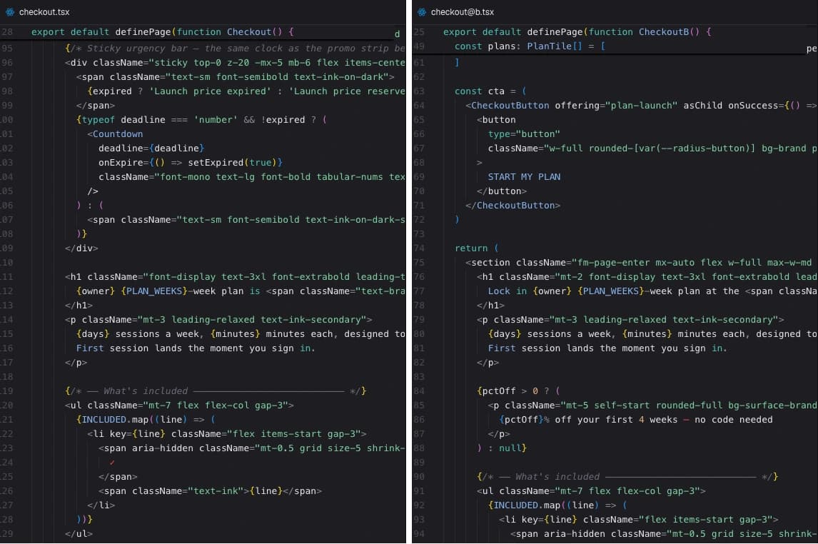 The control page and its variant open side by side in the code editor — checkout.tsx on the left and checkout@b.tsx on the right — each scrolled to its own headline