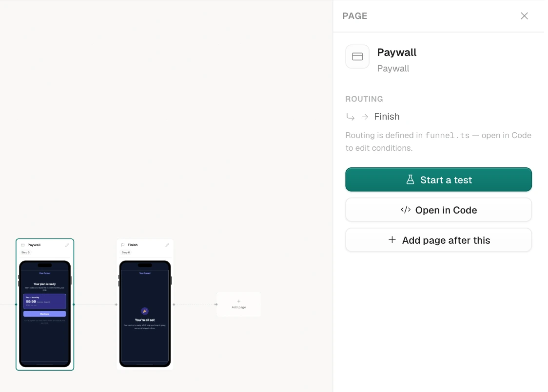 The Paywall page node selected in Flow view with the inspector panel open beside it, showing its routing and a Start a test button