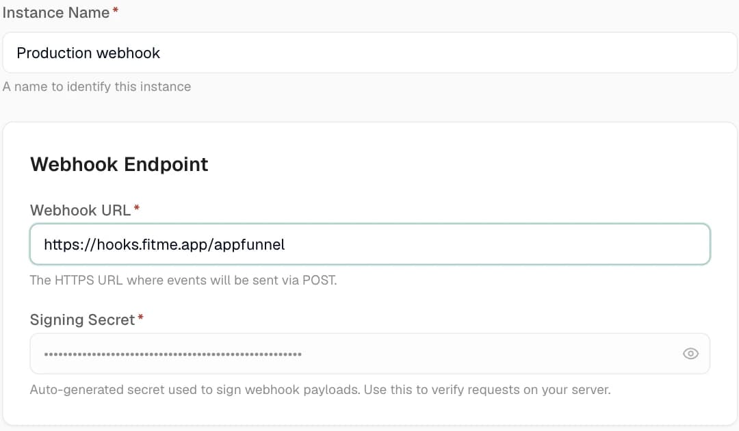 The Webhook install form with an instance name, the HTTPS endpoint URL, and a masked auto-generated signing secret used to sign webhook payloads