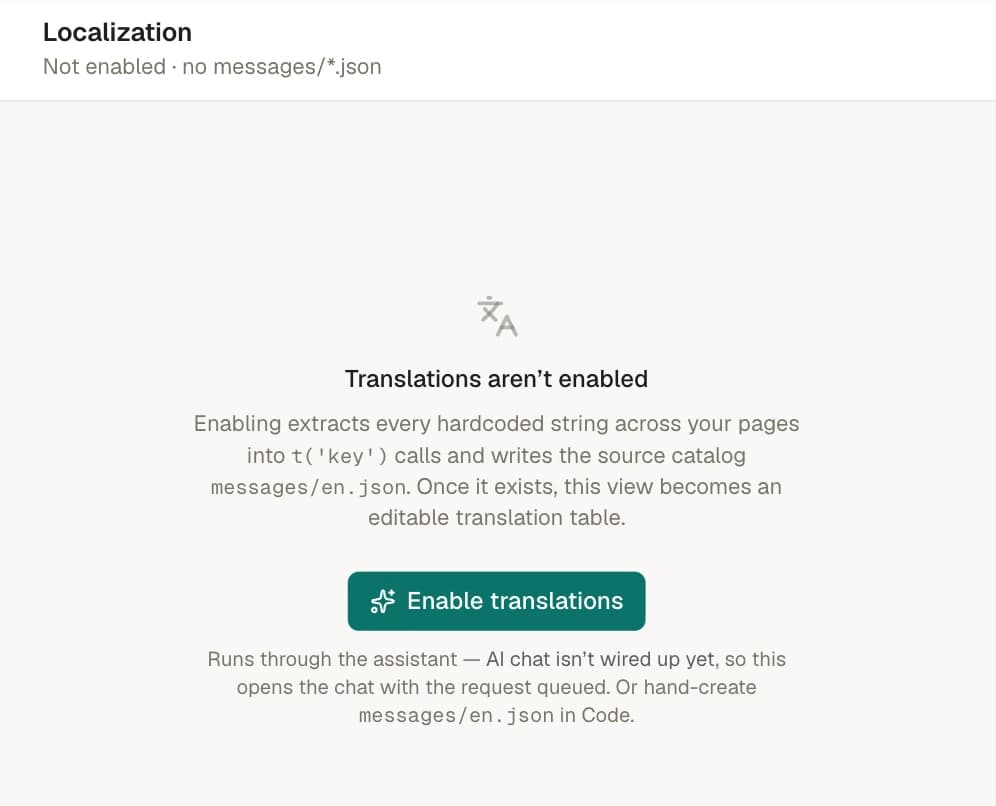 The Localization view before translations are enabled: a "Translations aren’t enabled" empty state explaining that enabling extracts every hardcoded string into t() calls, with an Enable translations button