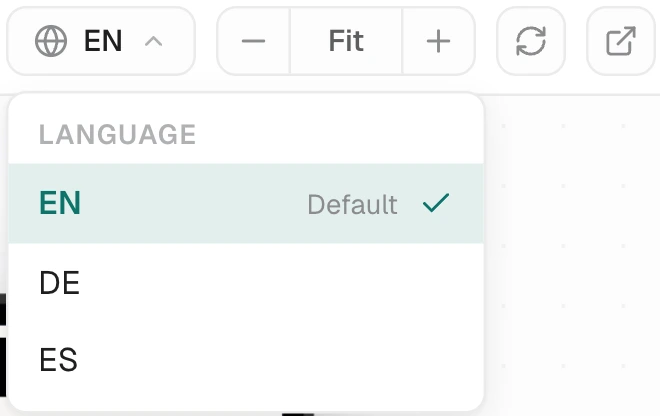 The preview toolbar's globe pill open, listing EN tagged Default and ticked, with DE and ES below it