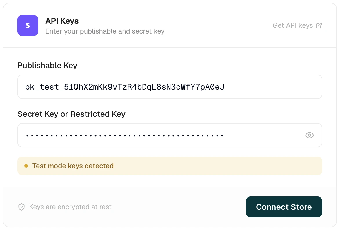 The Connect Stripe API keys form with a publishable and secret key filled in and an amber "Test mode keys detected" badge below the fields